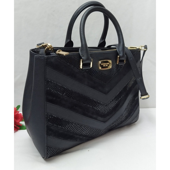 Michael Kors Black Leather Chevron Double Handles Satchel Shoulder Bag - Picture 16 of 16